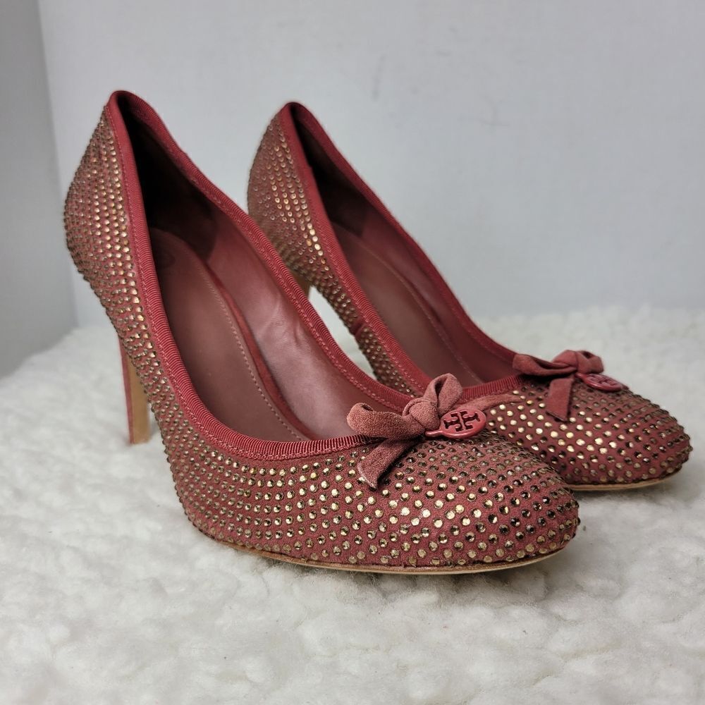 Tory Burch Phoenix Charm Logo Pumps Size 10 Pave Crystal Conceria Cameo Shoes
